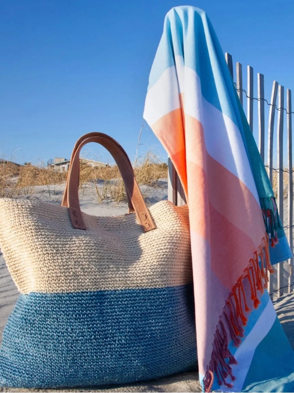 Kassatex Two-Tone Straw Tote in Natural and Blue with Tan Handles - Picture 2 of 6